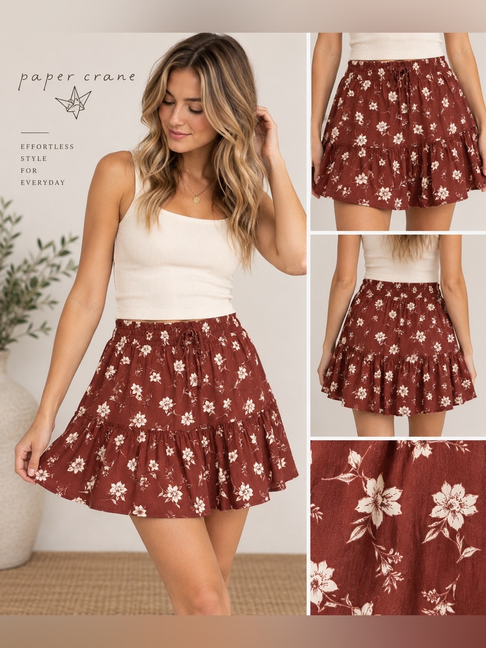 Paper Crane Brown Floral Ruffle Mini Skirt Medium
